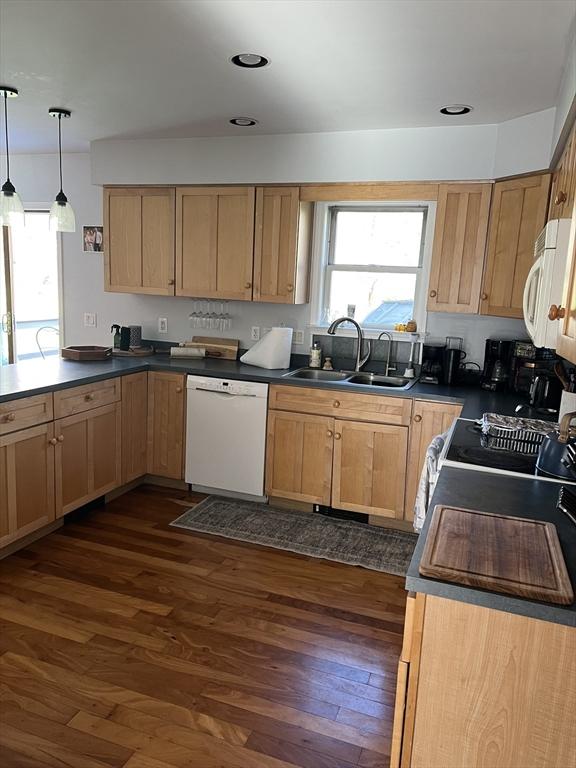 106 Shaw Rd, Goshen, MA 01330 - kitchen with white appliances, a sink, plenty of natural light, dark wood-style flooring, and recessed lighting