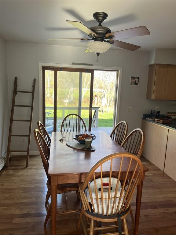 106 Shaw Rd, Goshen, MA 01330 - dining area featuring a ceiling fan and light wood-type flooring