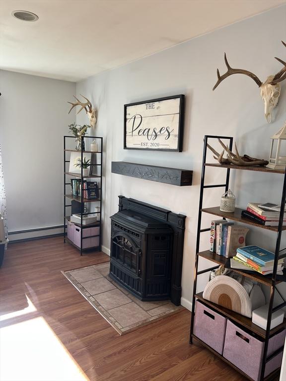 106 Shaw Rd, Goshen, MA 01330 - detailed view of a wood stove, a baseboard radiator, wood finished floors, and baseboards