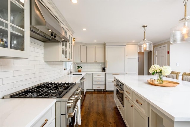 kitchen featuring appliances with stainless steel finishes, under cabinet range hood, a sink, light countertops, and backsplash