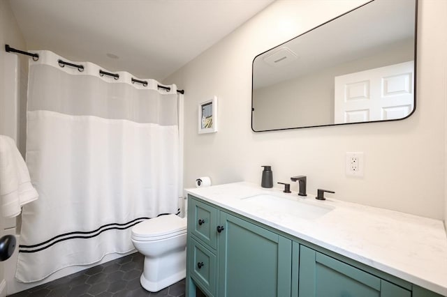 full bathroom with toilet, vanity, tile patterned flooring, and a shower with curtain