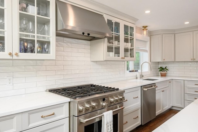 kitchen with stainless steel appliances, a sink, ventilation hood, light countertops, and decorative backsplash