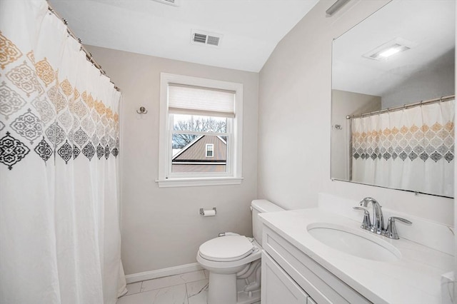 bathroom with toilet, vanity, visible vents, baseboards, and marble finish floor