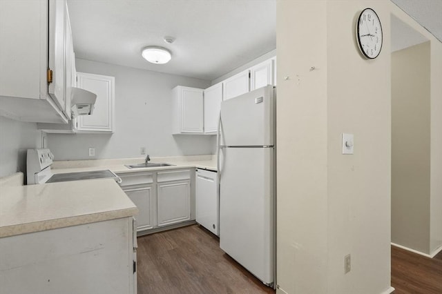 875 John Fitch Hwy Unit 23, Fitchburg, MA 01420 - kitchen featuring freestanding refrigerator, electric range oven, dishwashing machine, dark wood-style flooring, and white cabinets