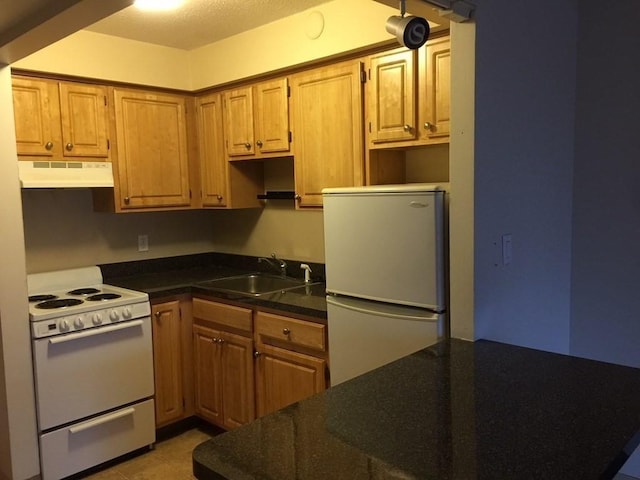 1025 Hancock St Unit 1K, Quincy, MA 02169 - kitchen with white appliances, a sink, under cabinet range hood, dark countertops, and brown cabinets