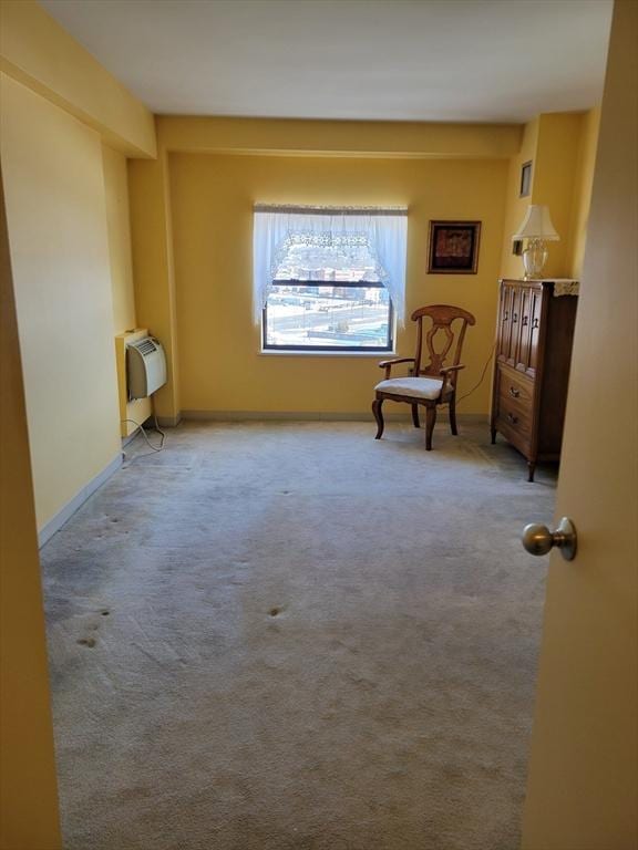 unfurnished room featuring heating unit and carpet