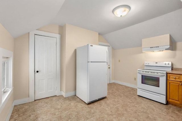 1123 E St, Ludlow, MA 01056 - kitchen with white appliances, wall chimney range hood, vaulted ceiling, brown cabinetry, and baseboards