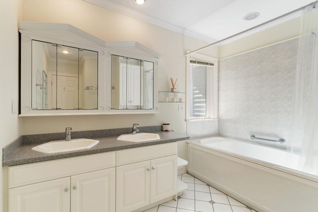 full bathroom featuring toilet, shower / bathing tub combination, ornamental molding, vanity, and tile patterned flooring