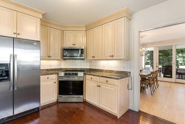 kitchen featuring backsplash, dark wood-type flooring, and appliances with stainless steel finishes