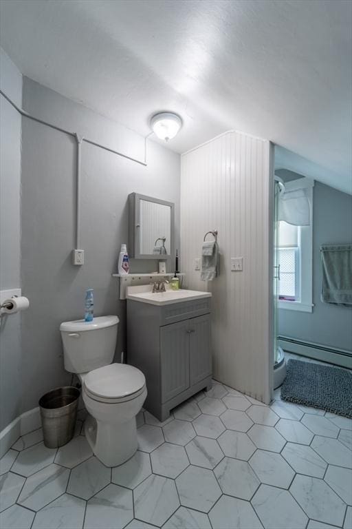 1349 Main St, Holden, MA 01520 - bathroom featuring a stall shower, a baseboard radiator, vanity, and toilet
