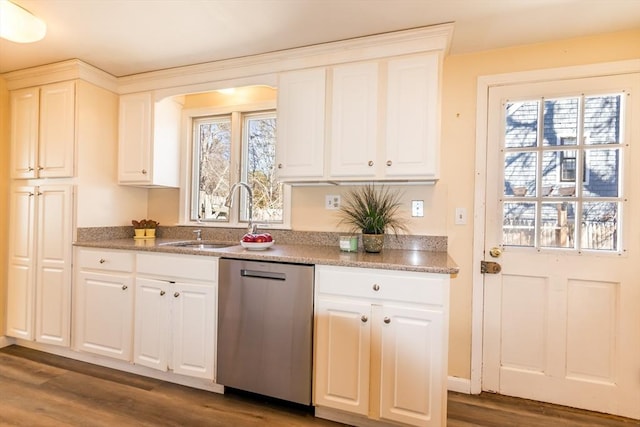 kitchen featuring dark wood finished floors, a sink, white cabinetry, and stainless steel dishwasher