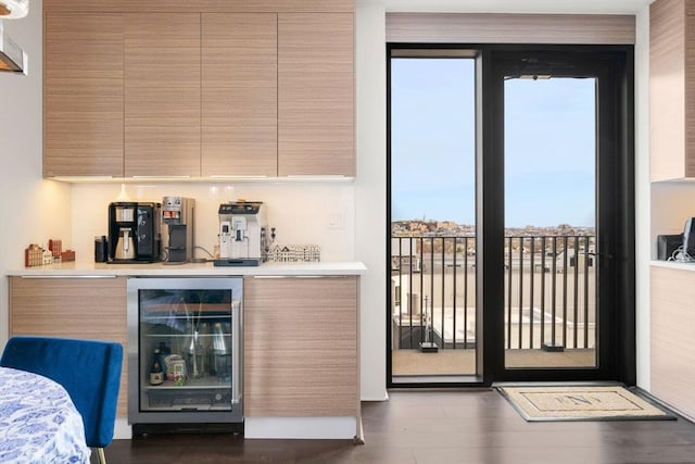 14 W Broadway Unit 903, Boston, MA 02127 - indoor bar with beverage cooler, dark wood-style flooring, and decorative backsplash