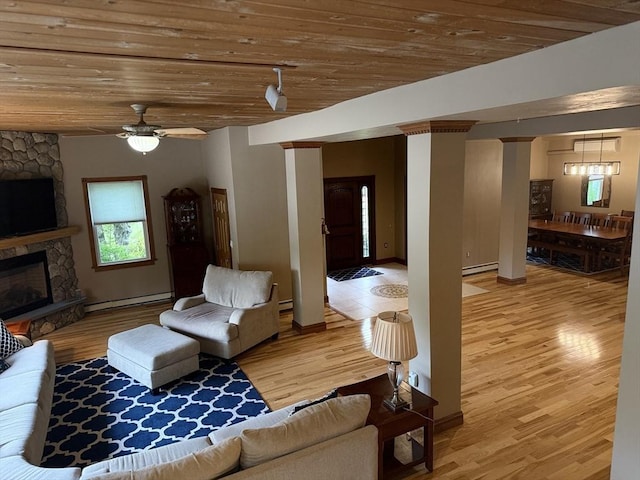 3 Wolf Rd, Bourne, MA 02532 - living area with a baseboard radiator, a baseboard heating unit, light wood-style flooring, wood ceiling, and a ceiling fan