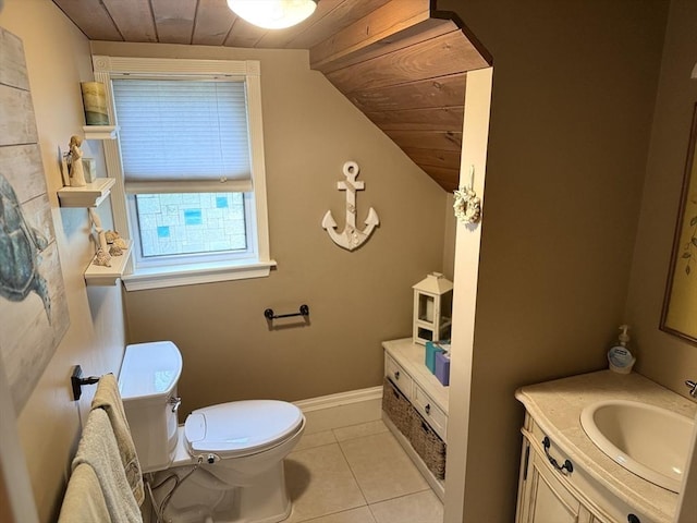 3 Wolf Rd, Bourne, MA 02532 - bathroom with wooden ceiling, vanity, toilet, tile patterned flooring, and lofted ceiling