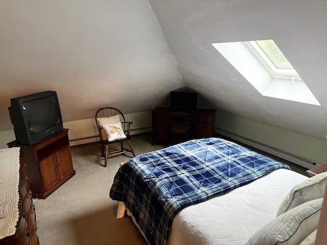 3 Wolf Rd, Bourne, MA 02532 - bedroom with a baseboard radiator, a skylight, vaulted ceiling, and light colored carpet