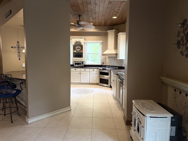 3 Wolf Rd, Bourne, MA 02532 - kitchen with appliances with stainless steel finishes, dark countertops, wall chimney range hood, wood ceiling, and backsplash