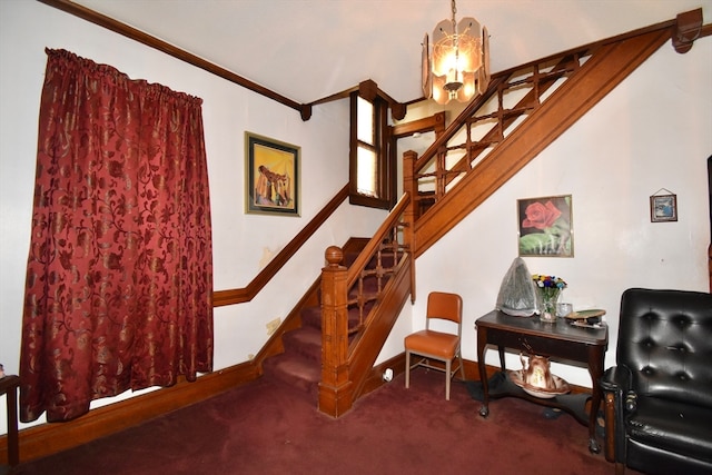 staircase featuring a notable chandelier, ornamental molding, and carpet flooring