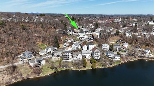 drone / aerial view featuring a water view