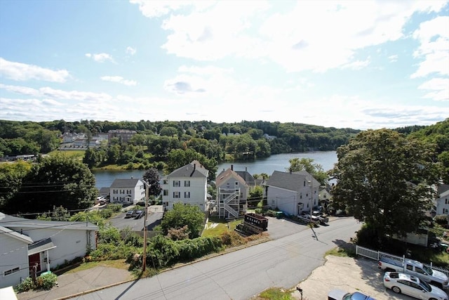 aerial view featuring a water view