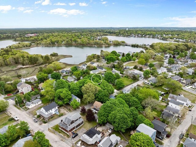 34 13th St, Wareham, MA 02532 - aerial view of property's location with a nearby body of water and nearby suburban area