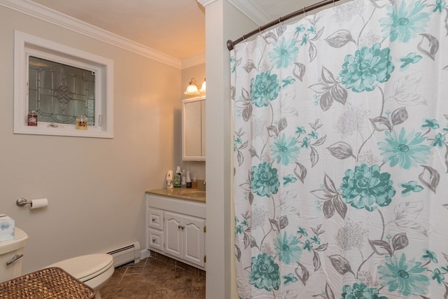 bathroom with vanity, a baseboard heating unit, crown molding, toilet, and a shower with shower curtain