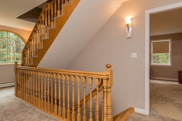 stairway featuring lofted ceiling and carpet