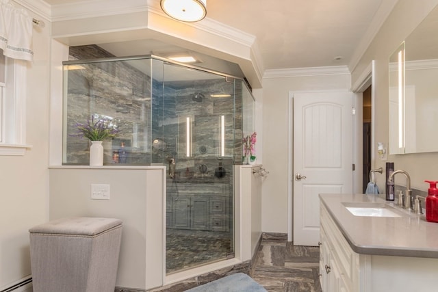 bathroom featuring walk in shower, vanity, and a baseboard radiator