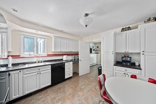 47 Pheasant Hill Rd, Weymouth, MA 02190 - kitchen featuring dishwasher, dark countertops, white cabinets, and a baseboard radiator