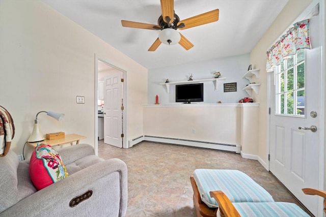 47 Pheasant Hill Rd, Weymouth, MA 02190 - living room with a baseboard radiator, ceiling fan, and stone finish flooring