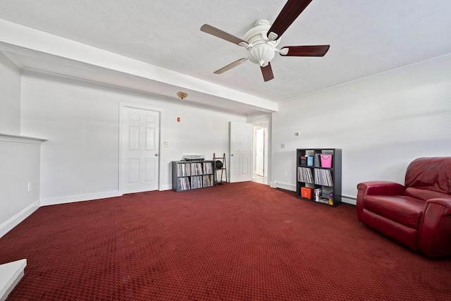 47 Pheasant Hill Rd, Weymouth, MA 02190 - living area with ceiling fan, carpet flooring, a baseboard heating unit, and a baseboard radiator