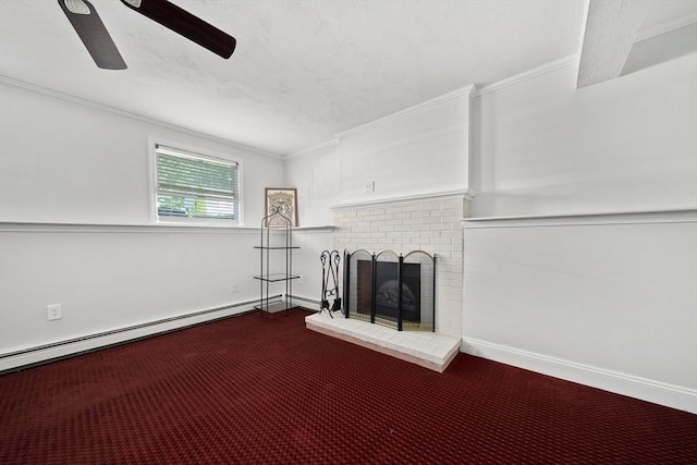 47 Pheasant Hill Rd, Weymouth, MA 02190 - living area with ceiling fan, carpet flooring, ornamental molding, a brick fireplace, and baseboard heating
