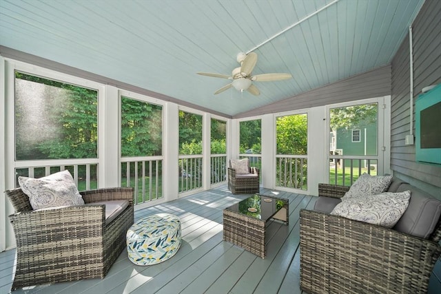 47 Pheasant Hill Rd, Weymouth, MA 02190 - sunroom featuring ceiling fan, an outdoor living space, and vaulted ceiling