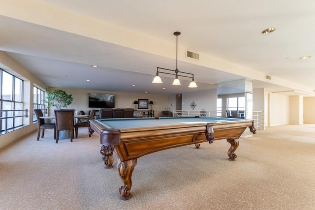 playroom featuring light carpet and pool table