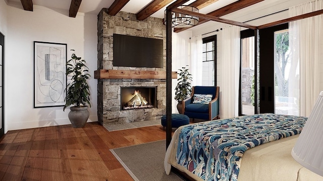 bedroom with multiple windows, hardwood / wood-style flooring, beam ceiling, and a stone fireplace