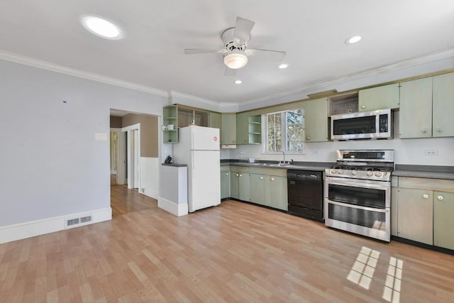 120 Readville St, Boston, MA 02136 - kitchen featuring stainless steel appliances, open shelves, crown molding, ceiling fan, and dark countertops