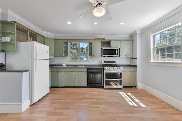 120 Readville St, Boston, MA 02136 - kitchen with open shelves, stainless steel appliances, green cabinets, crown molding, and a sink