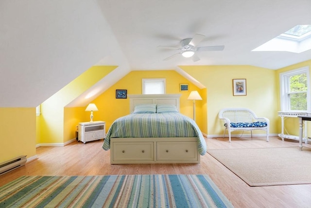 94 Pine View Dr, Brewster, MA 02631 - bedroom featuring a skylight, wood finished floors, lofted ceiling, a baseboard heating unit, and ceiling fan
