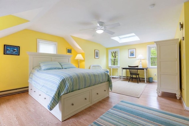 94 Pine View Dr, Brewster, MA 02631 - bedroom with vaulted ceiling, a skylight, light wood-type flooring, and multiple windows