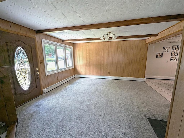 22-24 Newton Ave, Tewksbury, MA 01876 - carpeted entryway with beamed ceiling, wooden walls, a baseboard radiator, and baseboards