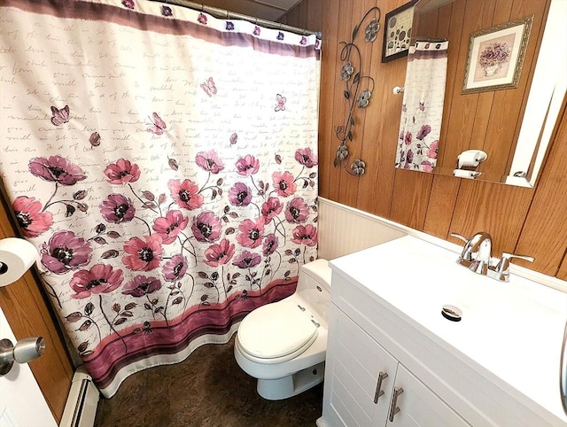 22-24 Newton Ave, Tewksbury, MA 01876 - full bath featuring wood walls, a baseboard radiator, toilet, vanity, and a shower with shower curtain