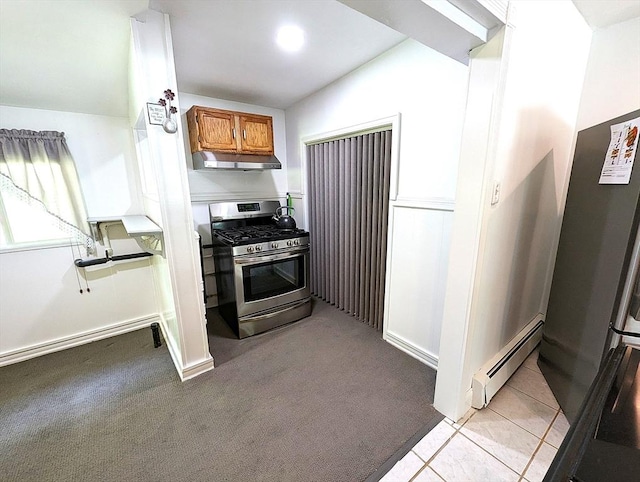 22-24 Newton Ave, Tewksbury, MA 01876 - kitchen featuring stainless steel appliances, a baseboard heating unit, under cabinet range hood, brown cabinetry, and light carpet