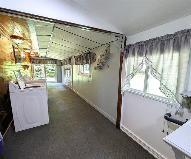 22-24 Newton Ave, Tewksbury, MA 01876 - hallway featuring lofted ceiling, washer and clothes dryer, carpet, and baseboards