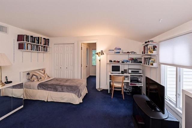 1 Astra Unit 1, Wayland, MA 01778 - bedroom featuring vaulted ceiling, a desk, dark carpet, and a closet