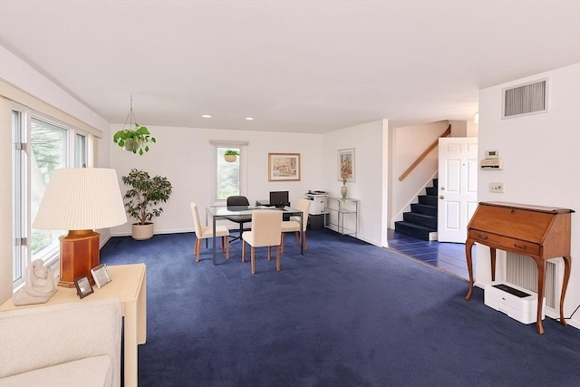 1 Astra Unit 1, Wayland, MA 01778 - dining space featuring stairs, healthy amount of natural light, dark colored carpet, recessed lighting, and baseboards