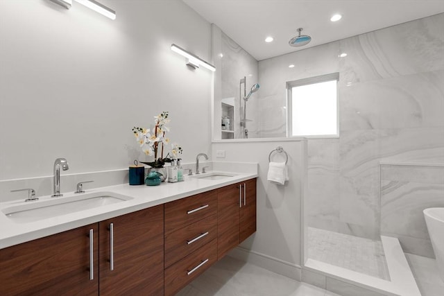 110 Harvard St, Newton, MA 02460 - bathroom with a sink, a marble finish shower, and double vanity