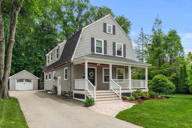 26 Woodward Ave, Reading, MA 01867 - dutch colonial featuring an outbuilding, a gambrel roof, covered porch, roof with shingles, and a garage