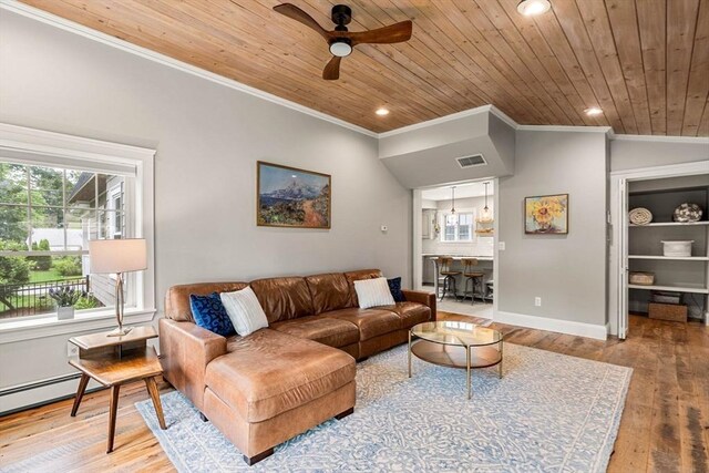 26 Woodward Ave, Reading, MA 01867 - living area with ornamental molding, wooden ceiling, ceiling fan, recessed lighting, and wood finished floors