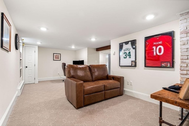 26 Woodward Ave, Reading, MA 01867 - living area with light colored carpet, a baseboard radiator, baseboards, and recessed lighting