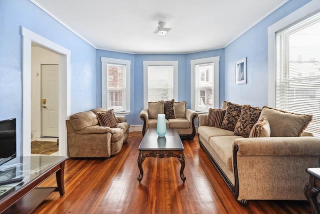 living room with a healthy amount of sunlight, ornamental molding, and dark wood-type flooring