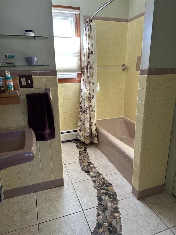 full bathroom featuring wainscoting, shower / bath combo, tile walls, and tile patterned floors